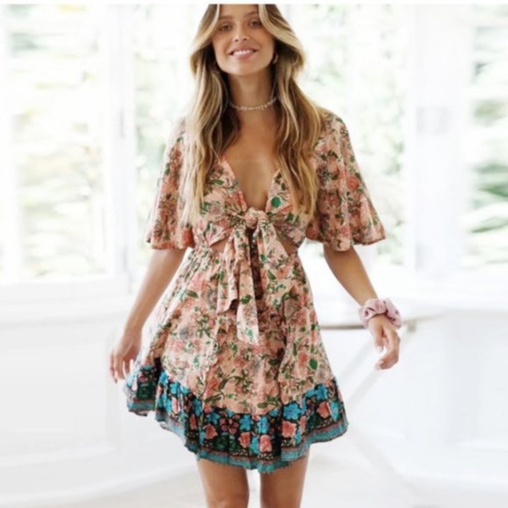 Boho Gypsy blue Floral Print Front tie dress - Picture 1 of 5